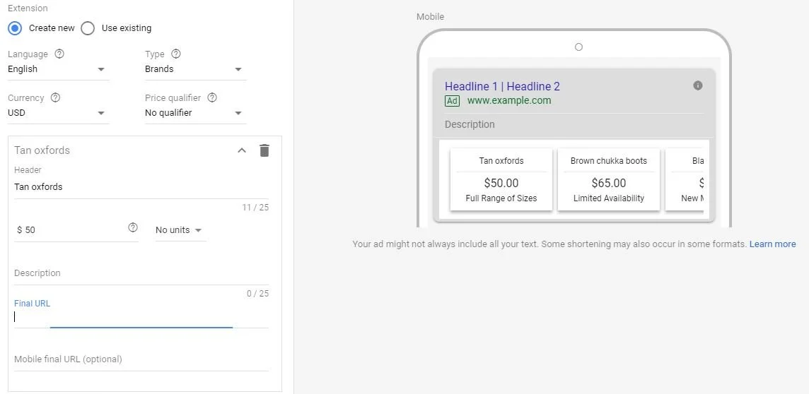 Price extension tab