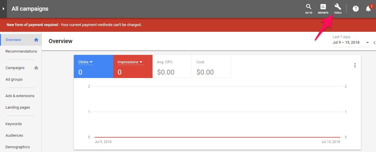 Adwords tool menu