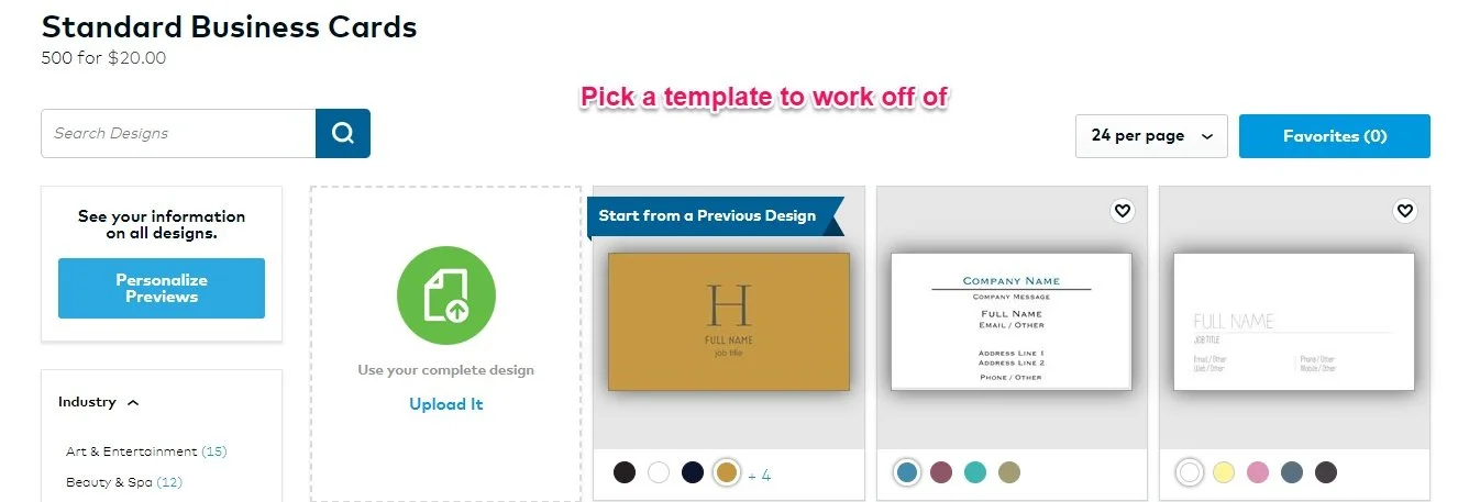 Choosing a Vistaprint template