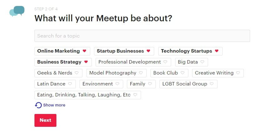 Choosing categories for a Meetup group