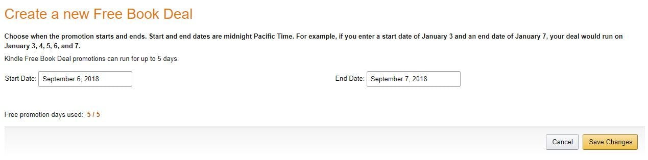 Selecting the date for a free Kindle promotion