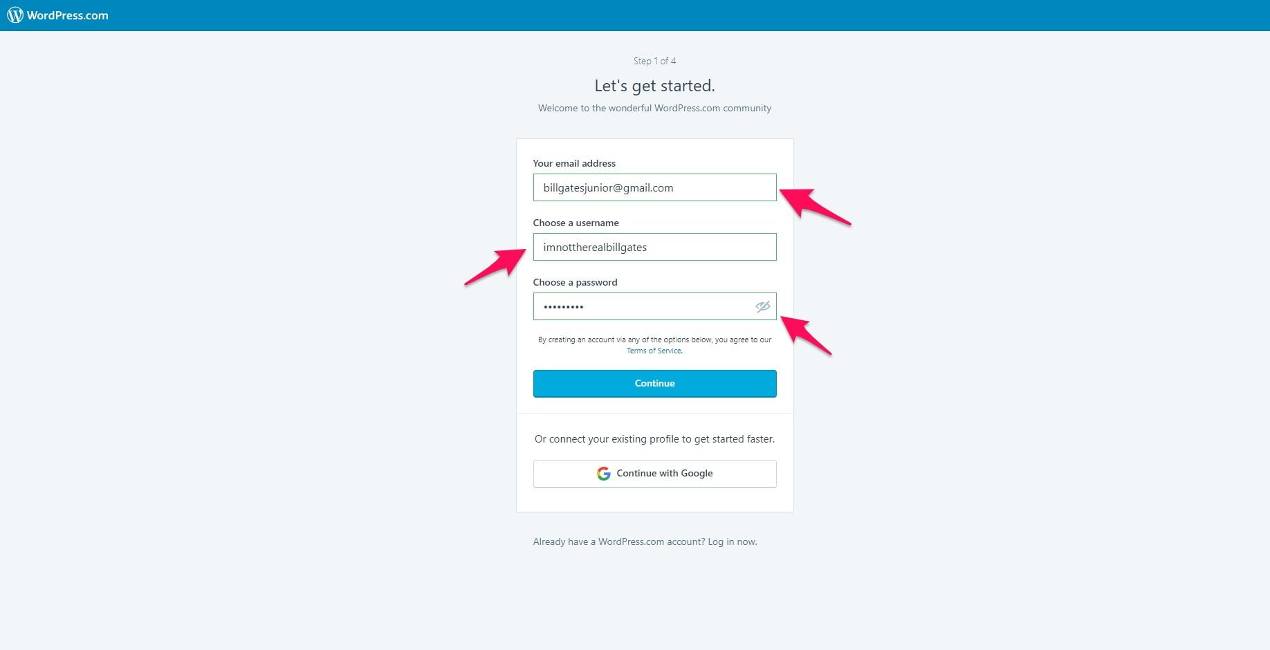 Signing up for WordPress