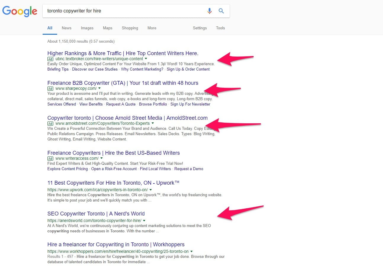 Using Google to find copywriters