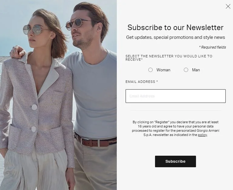Armani subscribe button