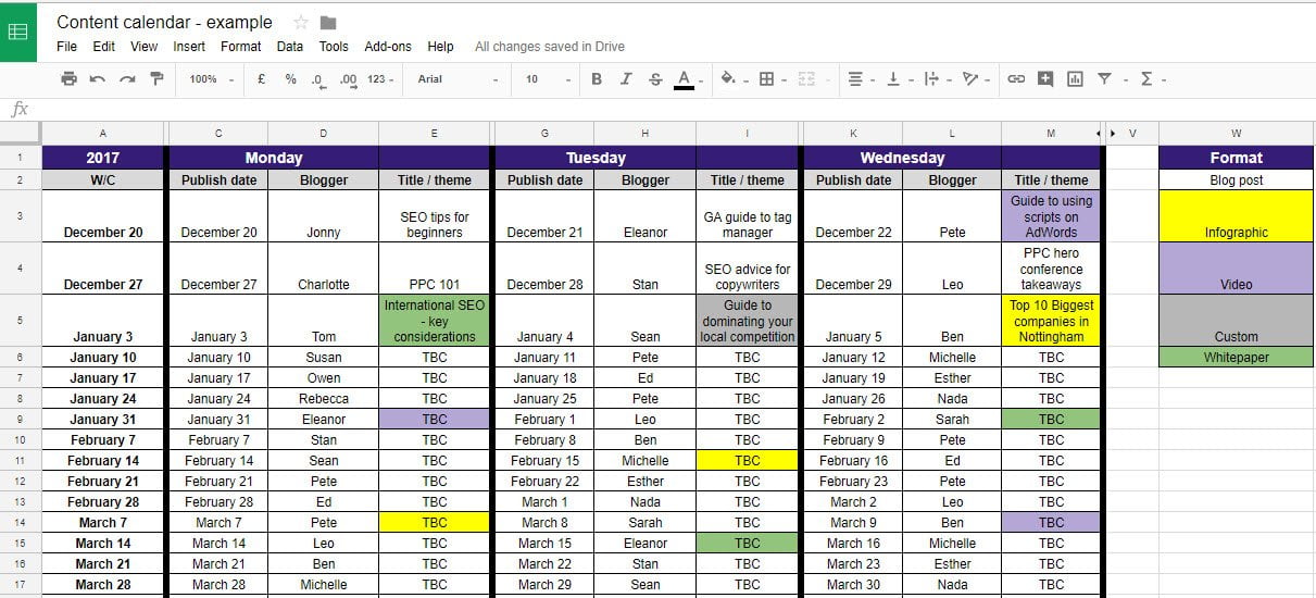 Content calendar example Carmine Mastropierro