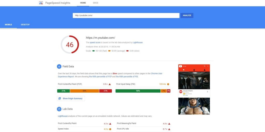 YouTube page speed score - Carmine Mastropierro