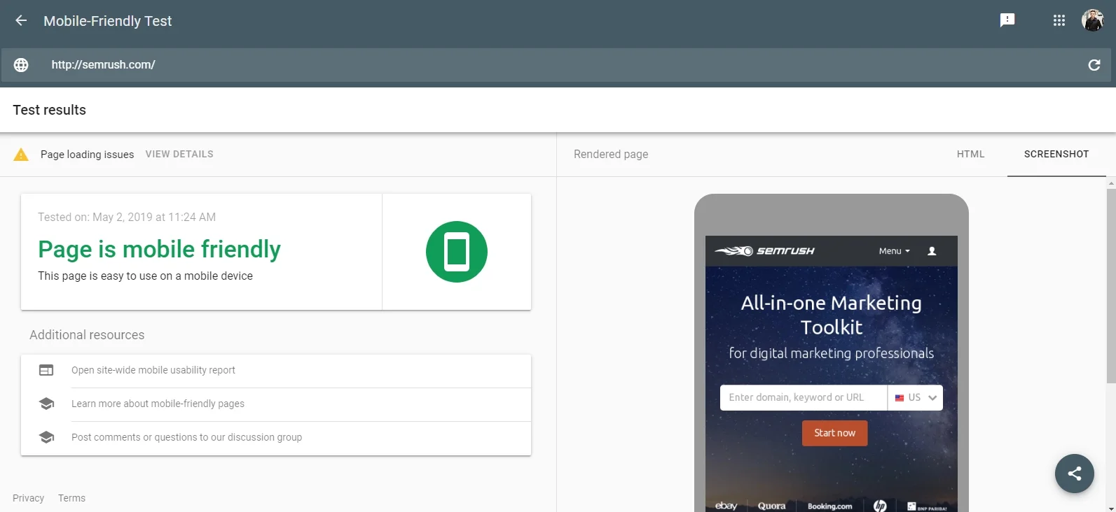 Mobile friendly test results