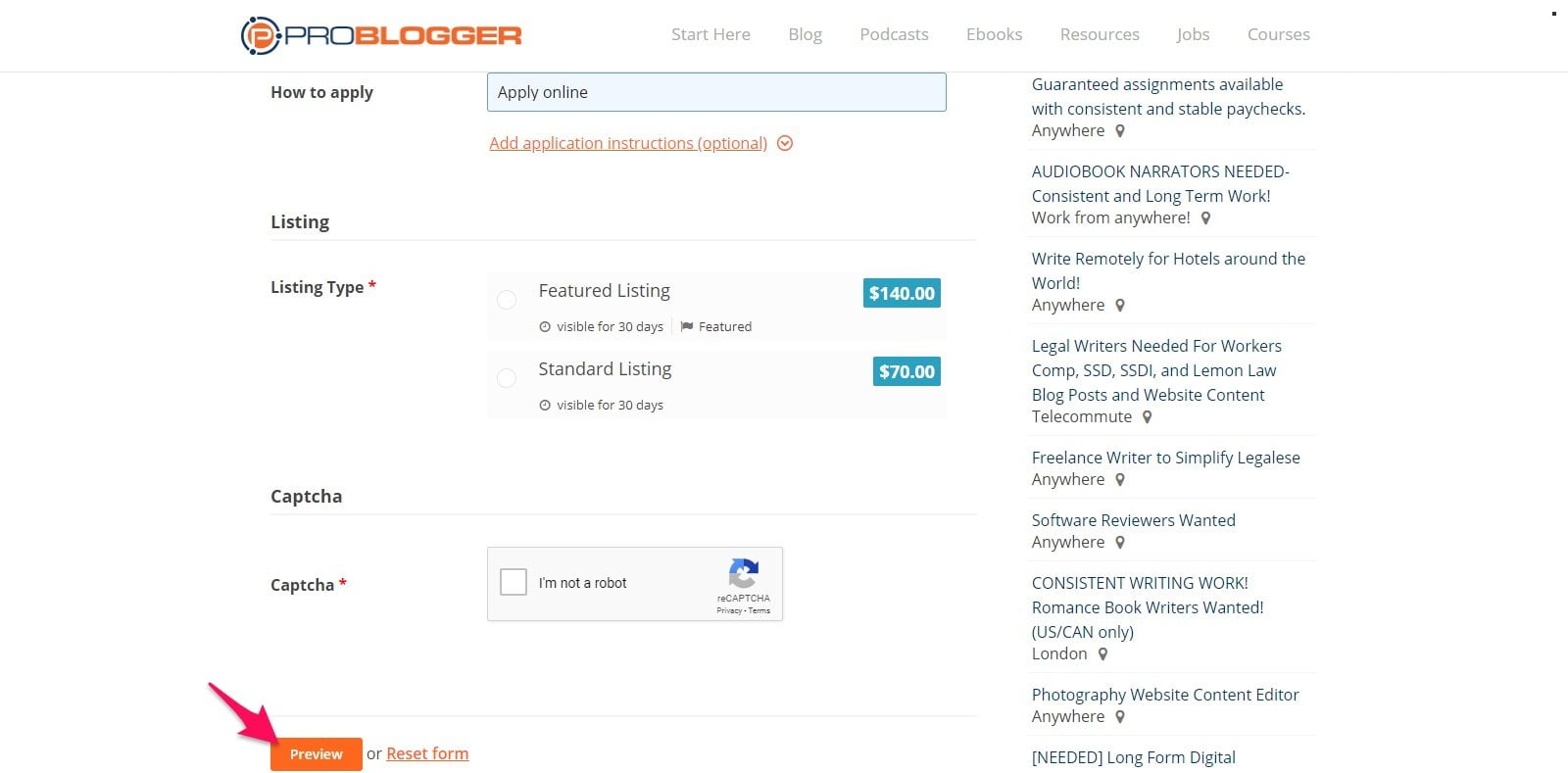 Previewing your ProBlogger listing