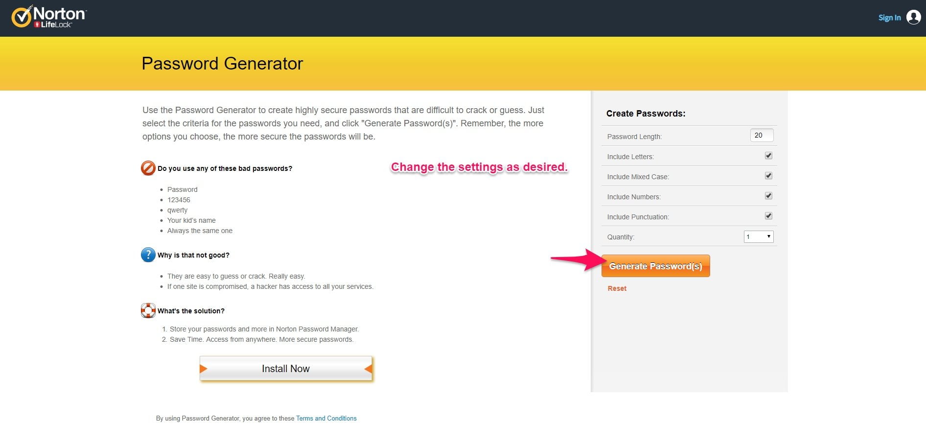 norton random password generator