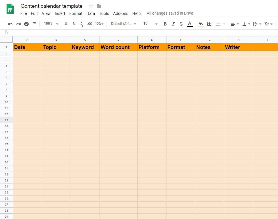 Template for content calendar