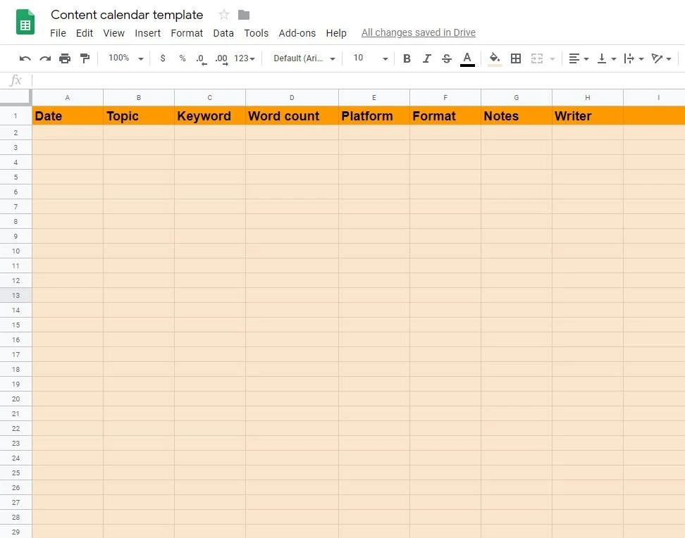 Template for content calendar