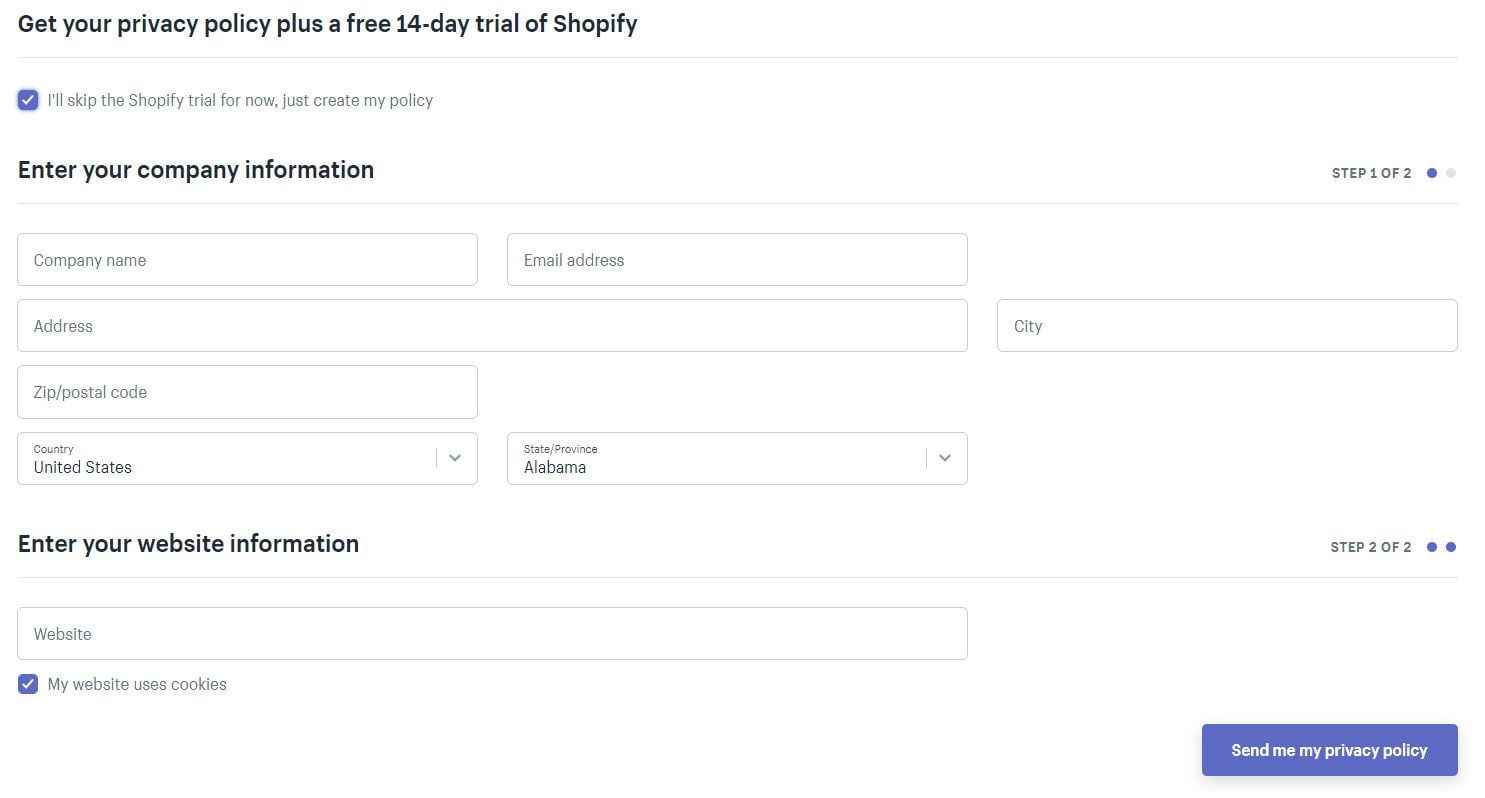Shopify privacy form 1