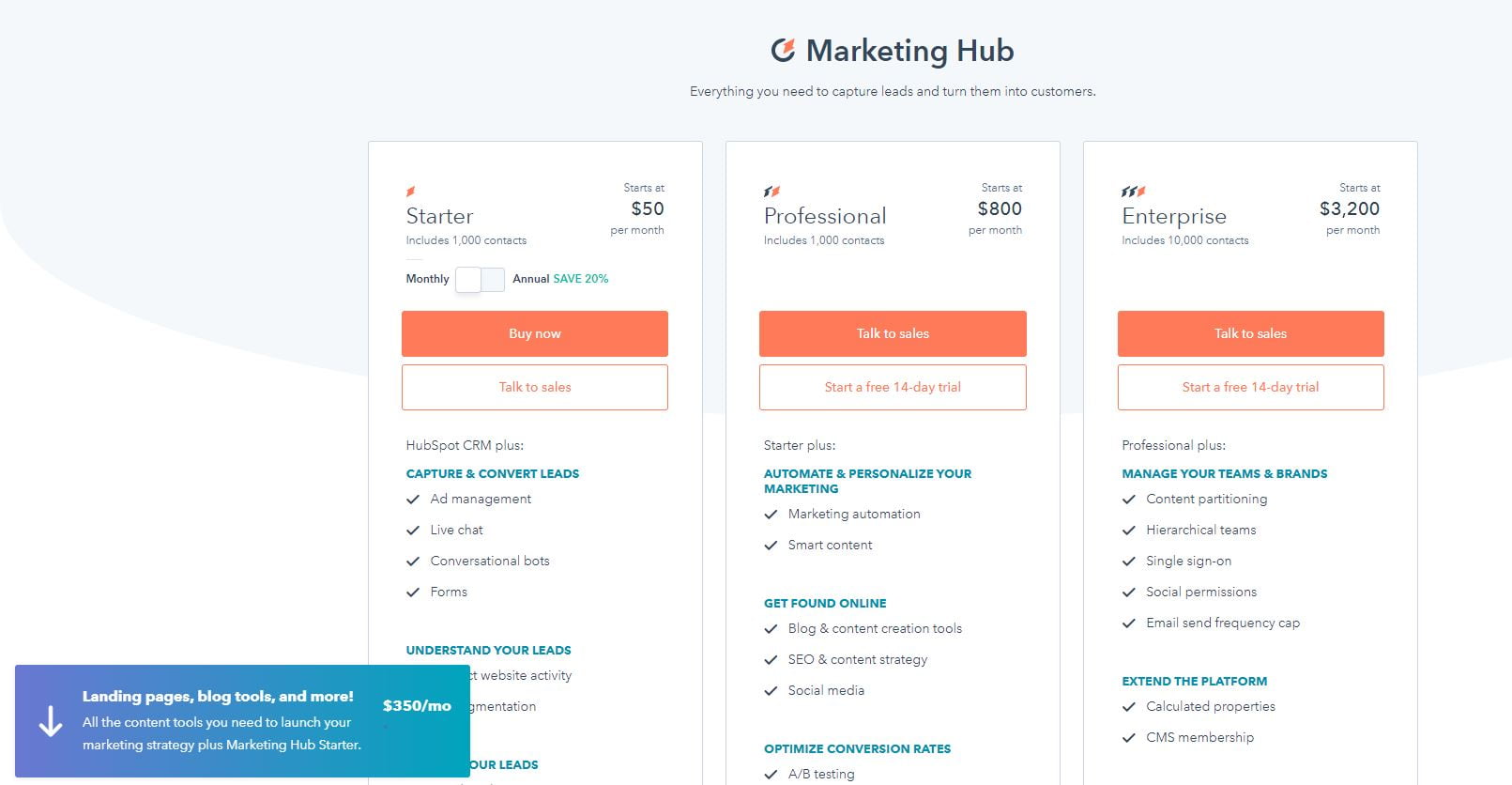 HubSpot pricing page