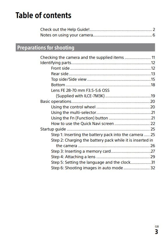 Sony table of contents