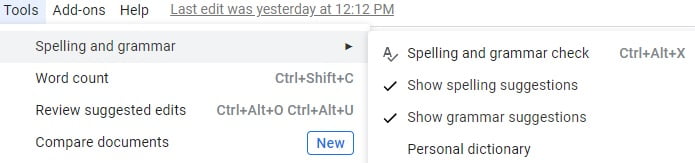 Spelling and grammar tab of Google Docs