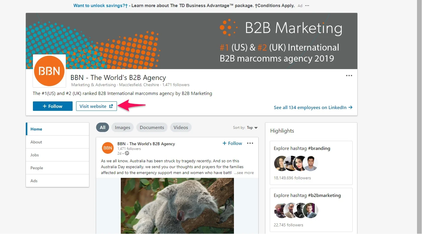 LinkedIn company website button