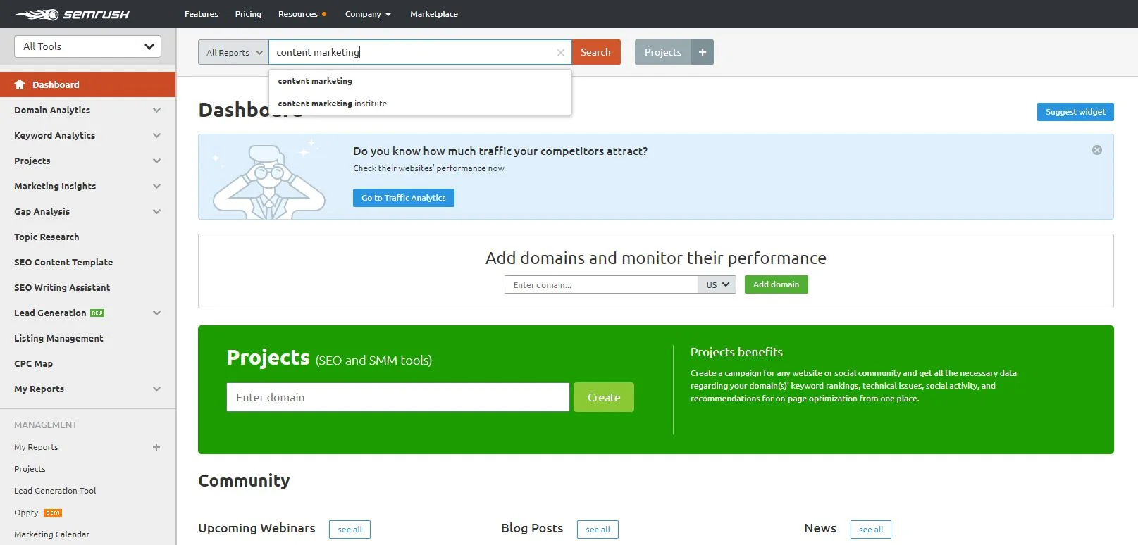 Keyword research on SEMrush