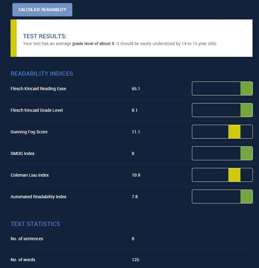 WebFX readability tester results
