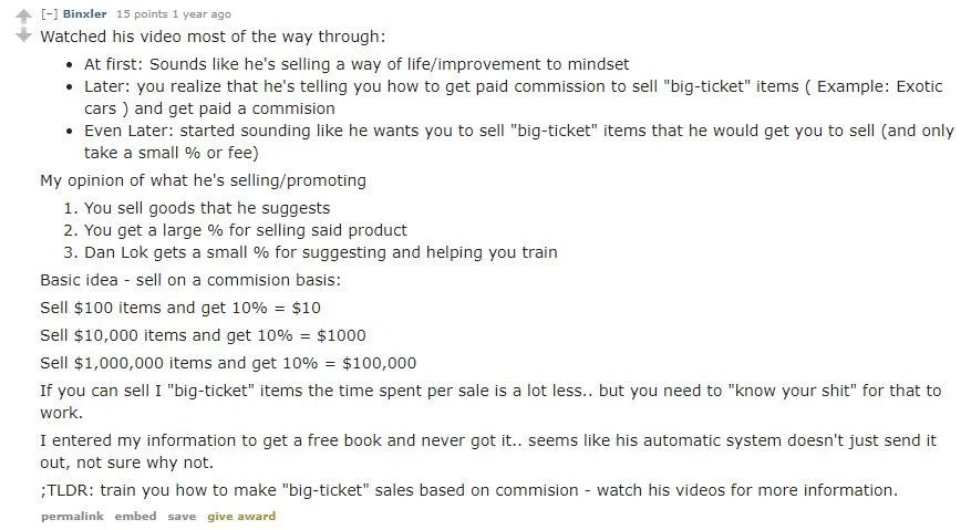 Dan Lok reddit comment