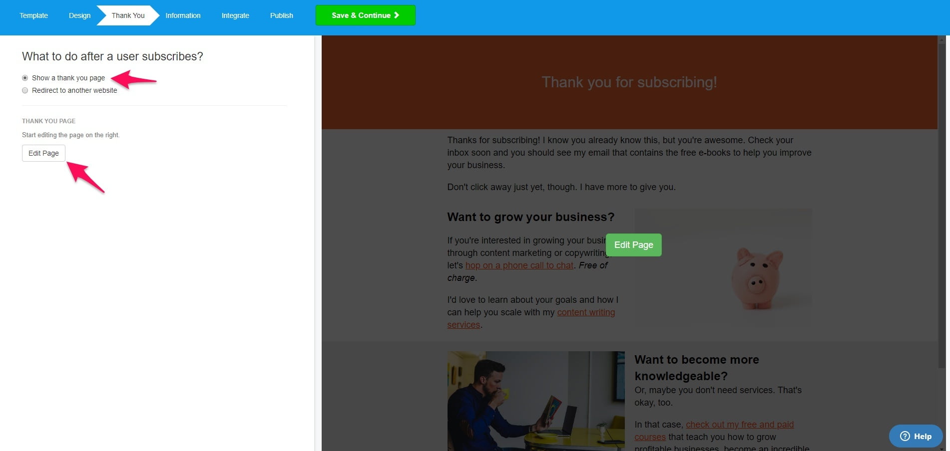 Mailchimp thank you page