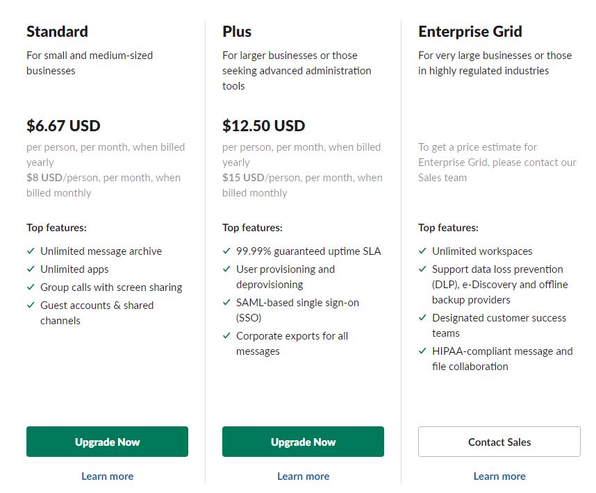 slack pricing plans