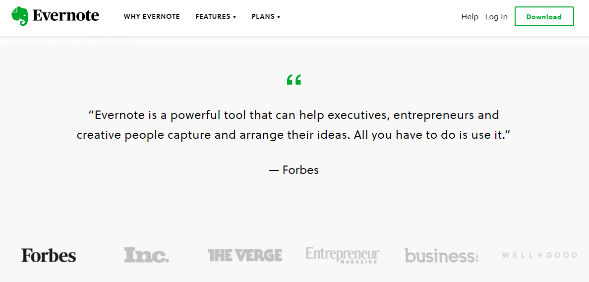 Evernote testimonial on homepage