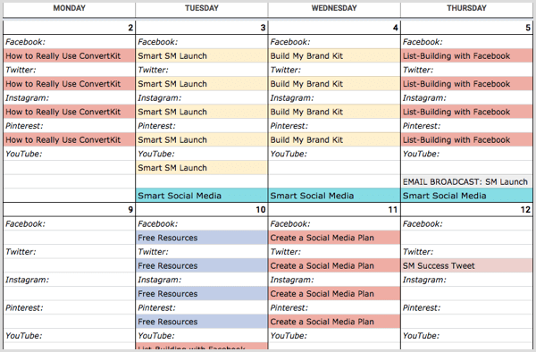 Example of a content calendar