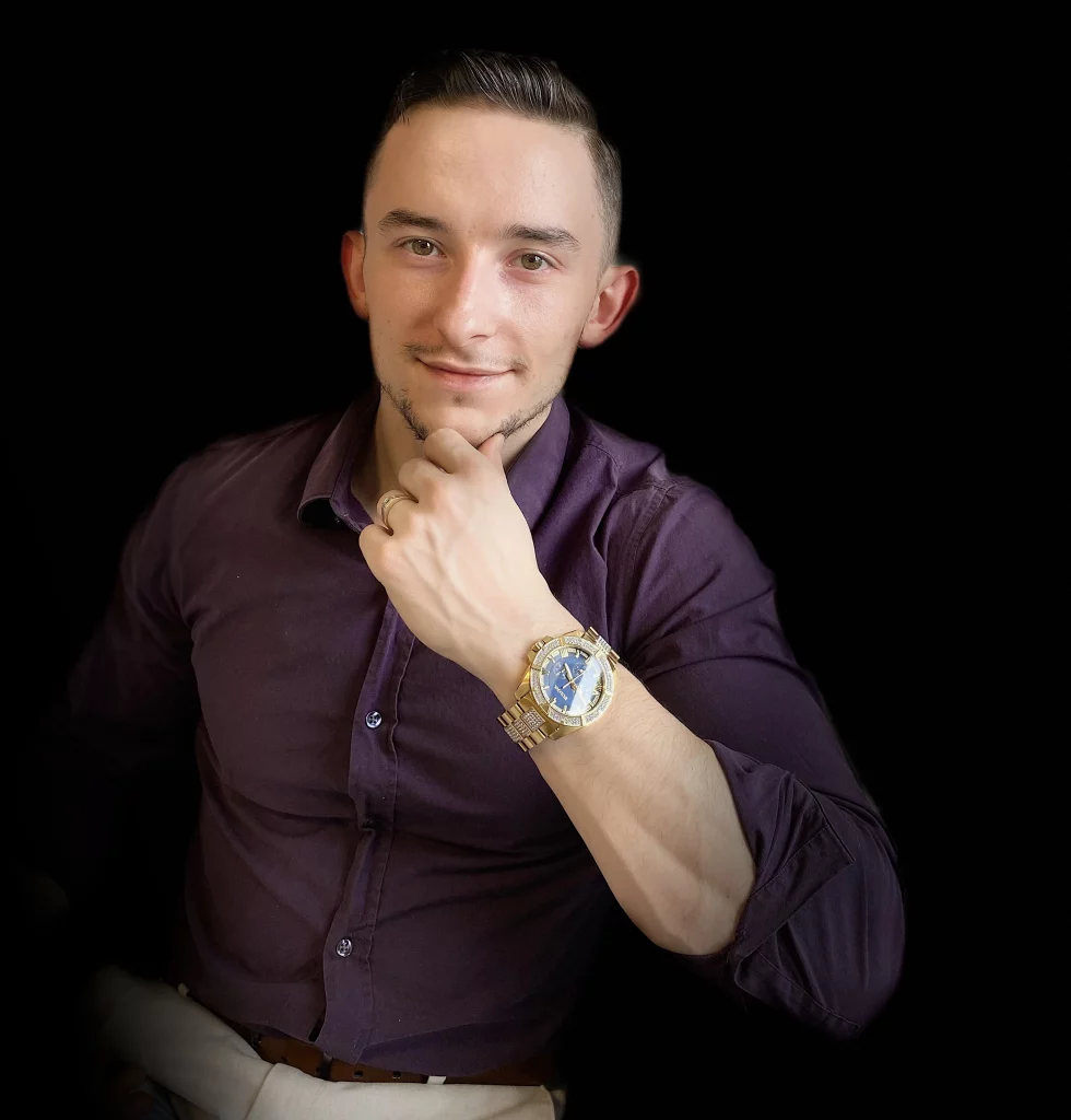 Carmine in purple dress shirt