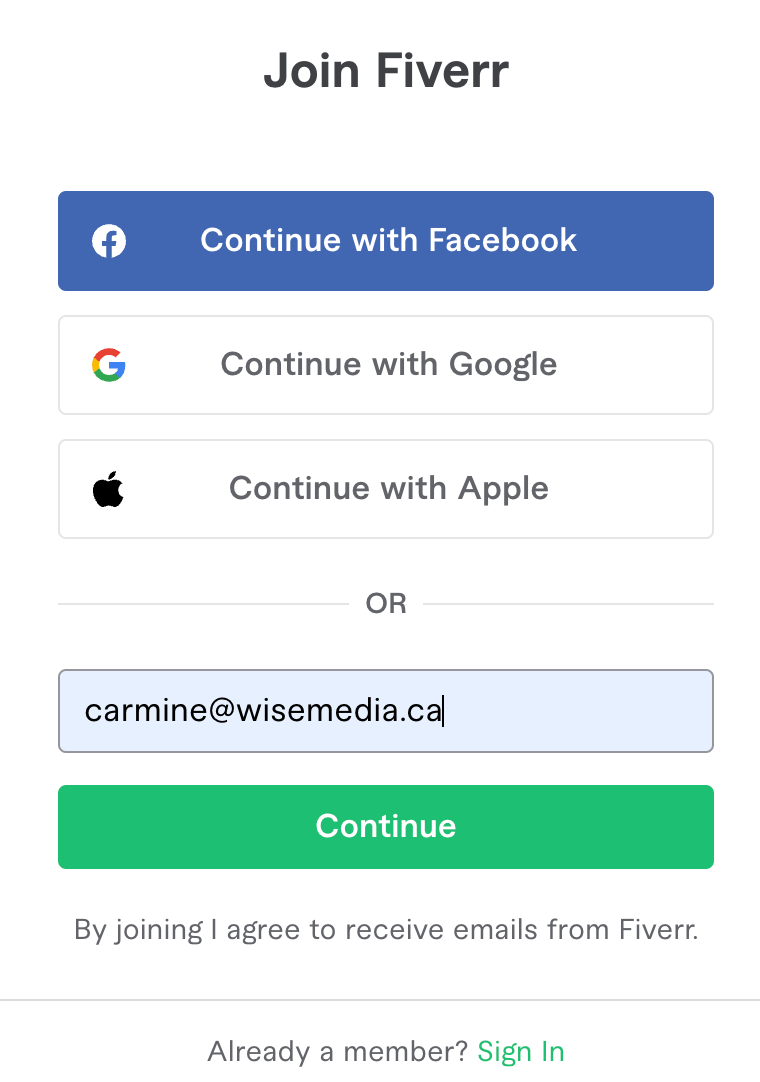 Fiverr signup options