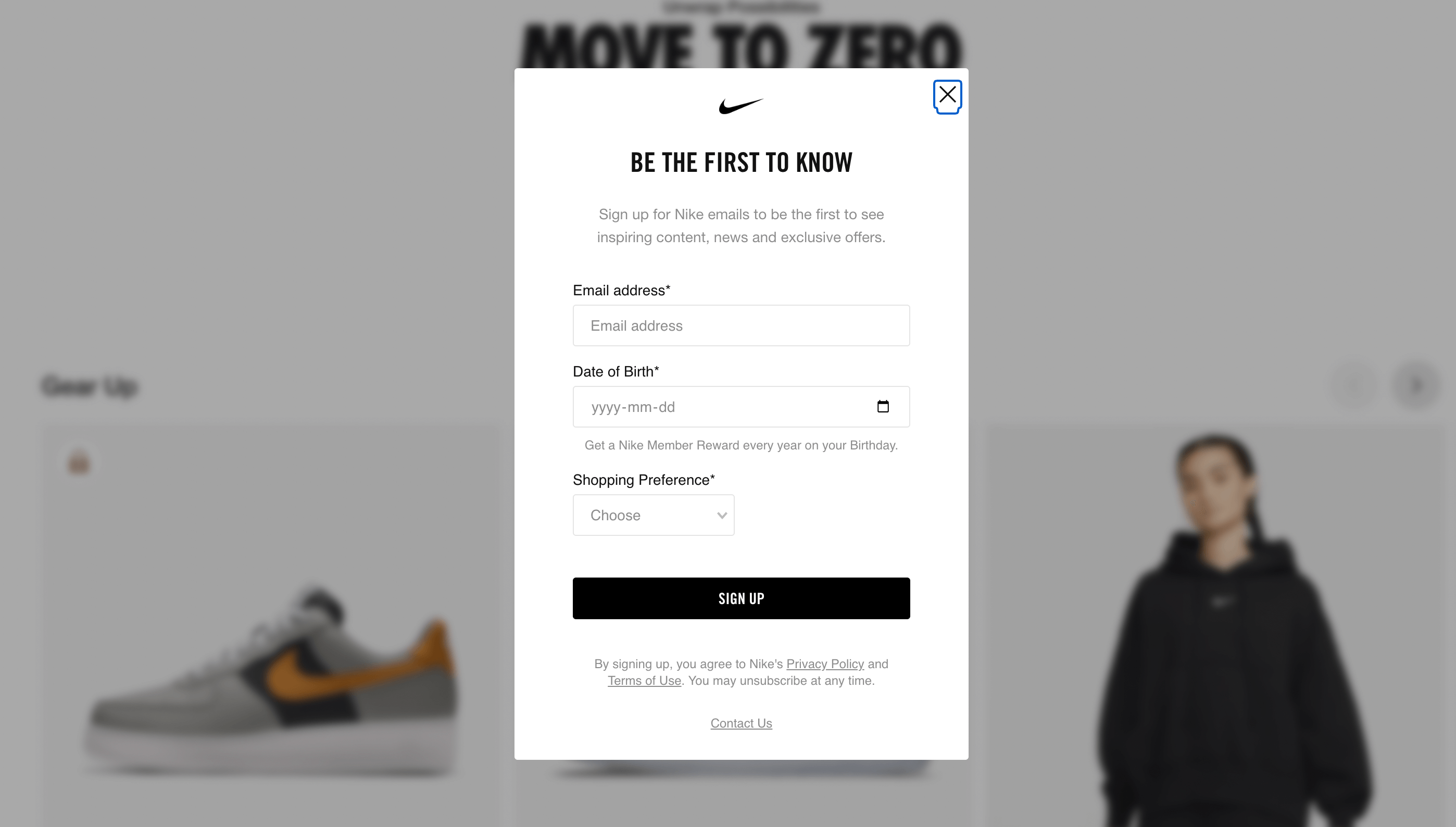 Exit intent popup on Nike website