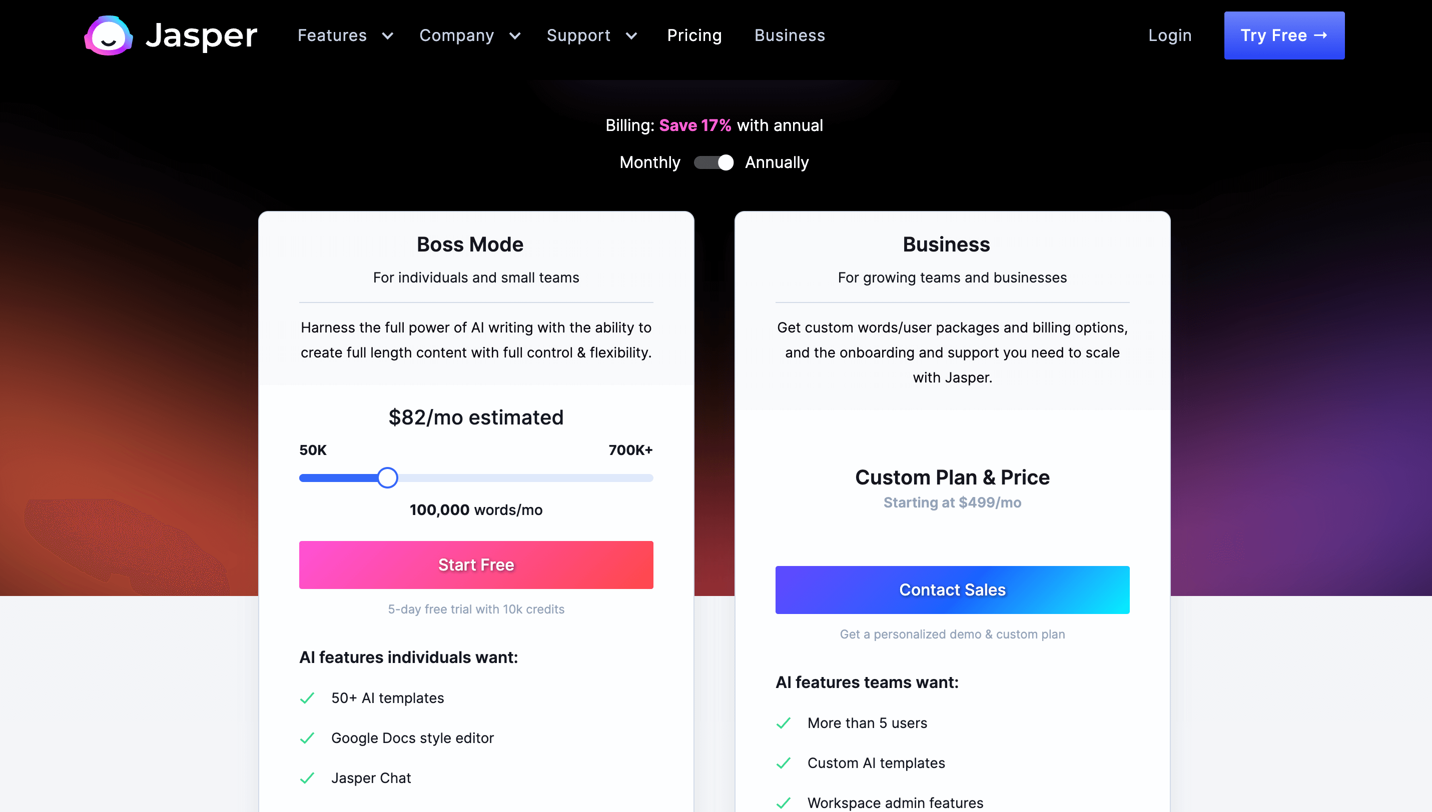 Jasper pricing page