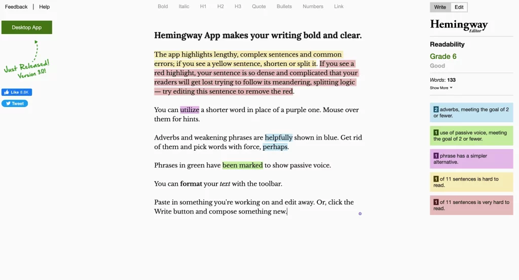 Editing with the Hemingway app