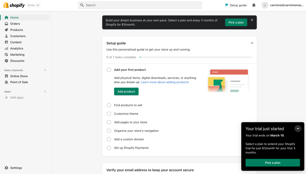 Shopify dashboard trial