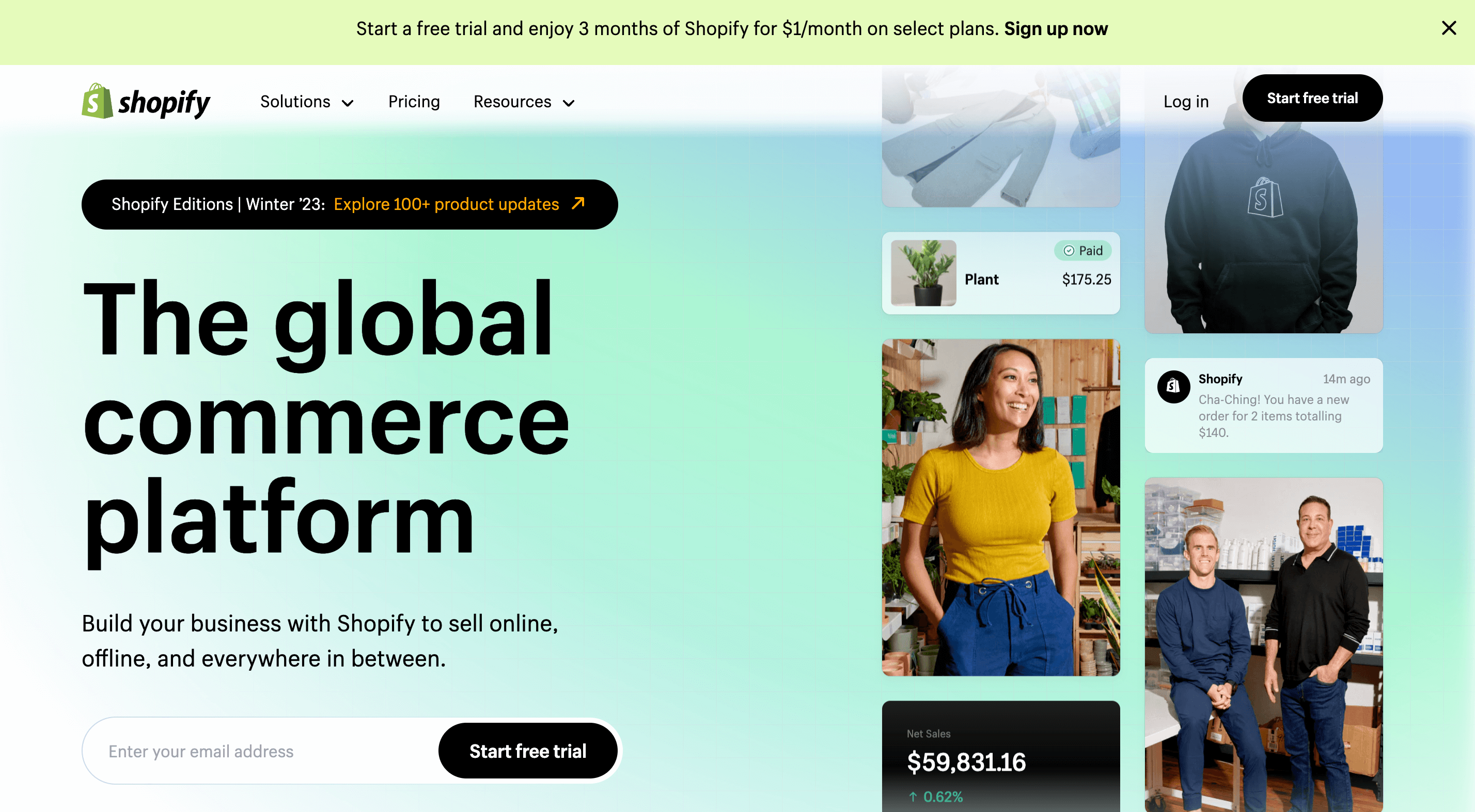 Shopifys home page and trial