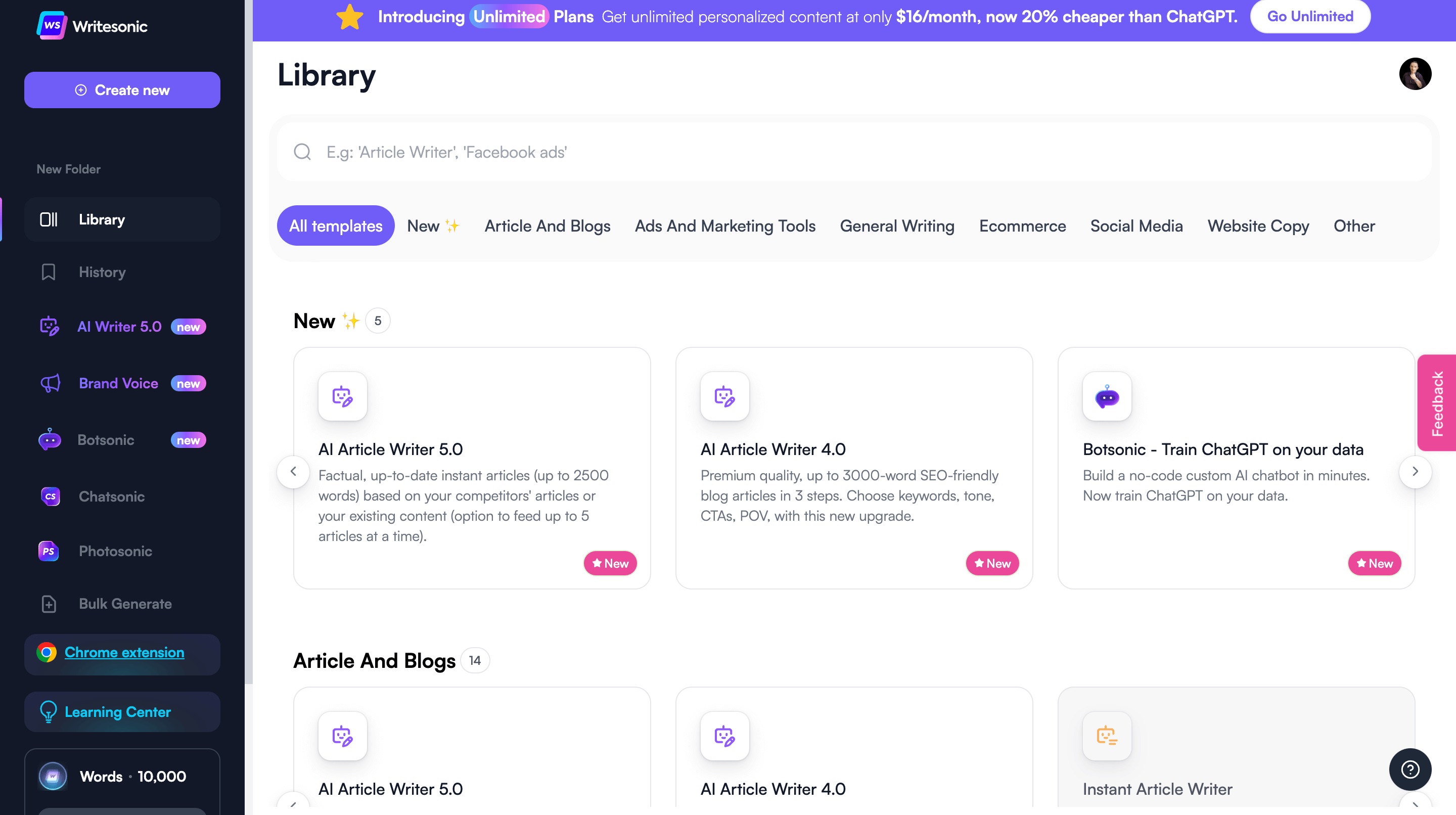 Writesonic dashboard