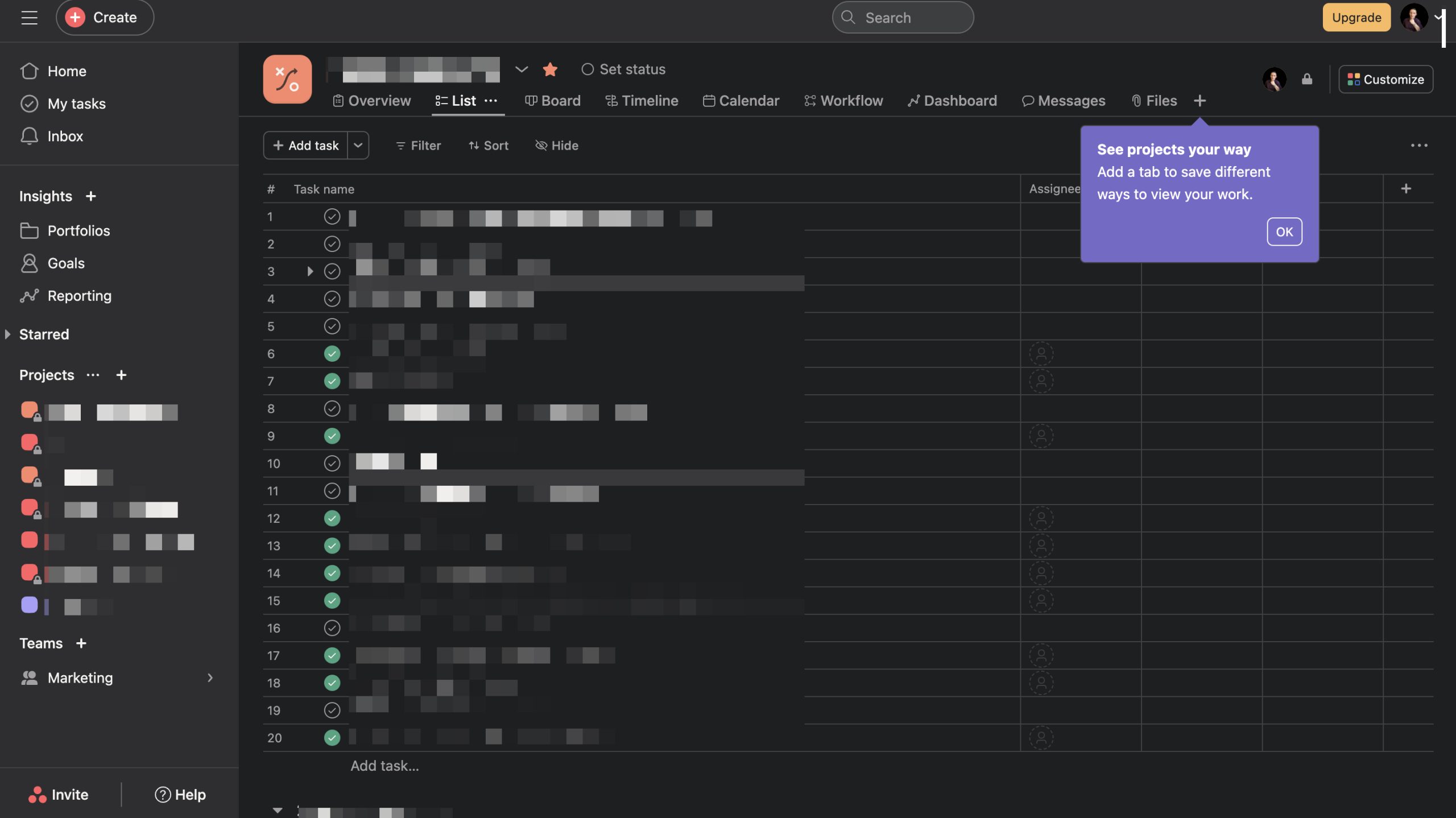 Asana dashboard example