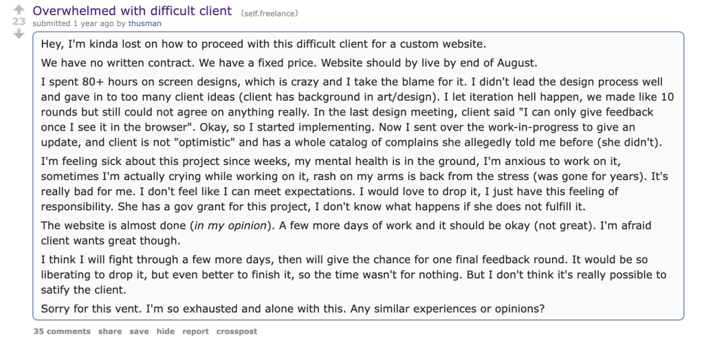 Difficult client situation on reddit